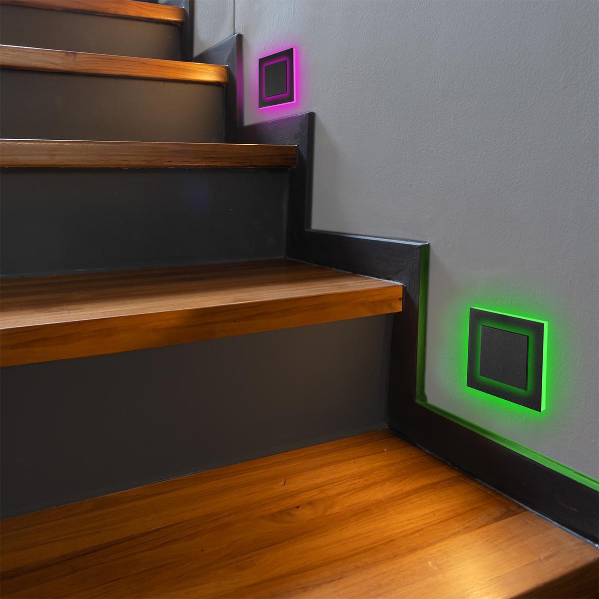 LED Treppenleuchte 230V Stufenlicht eckig schwarz - Lichtfarbe: RGB Warmweiß 3W - Lichtaustritt: Doppio