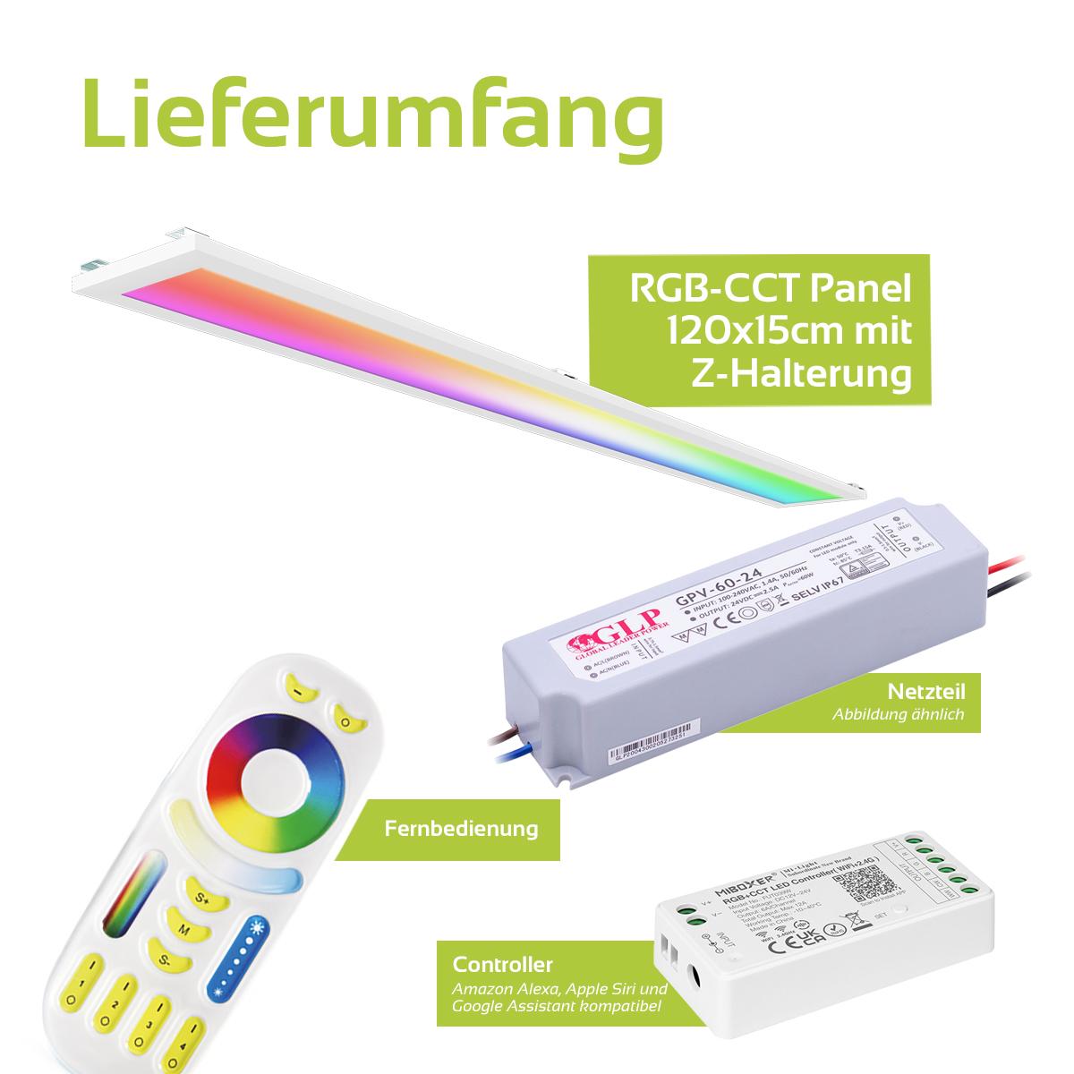 RGB+CCT LED Panel 120x15cm inkl. MiBoxer Smarthomesteuerung 24W 24V Rahmen weiß - Panelmontage:  Z Halterung für Wand und Deckenmontage