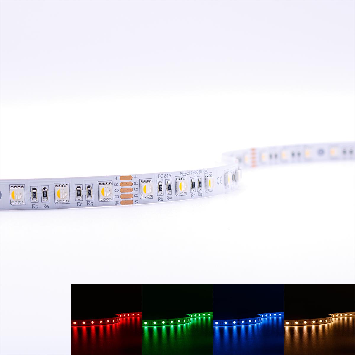 Strip 24V LED Streifen 5M 12W/m 60LED/m 12mm Farbwechsel - Lichtfarbe: RGB+3000K - Schutzart: IP20
