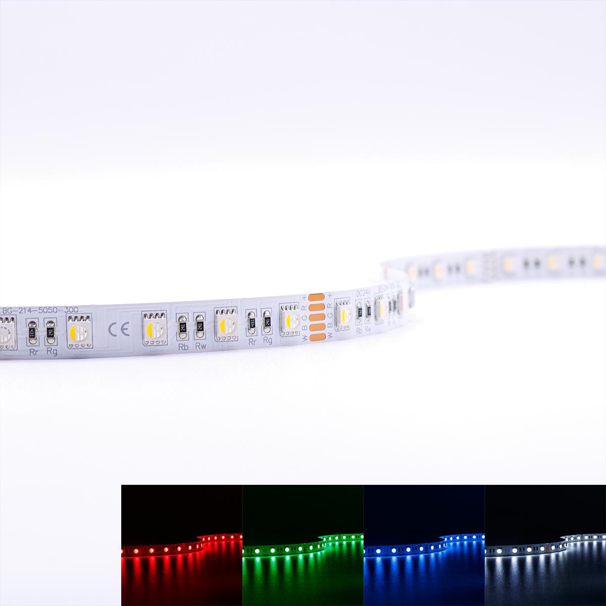 Strip 24V LED Streifen 5M 12W/m 60LED/m 12mm Farbwechsel - Lichtfarbe: RGB+6000K - Schutzart: IP20